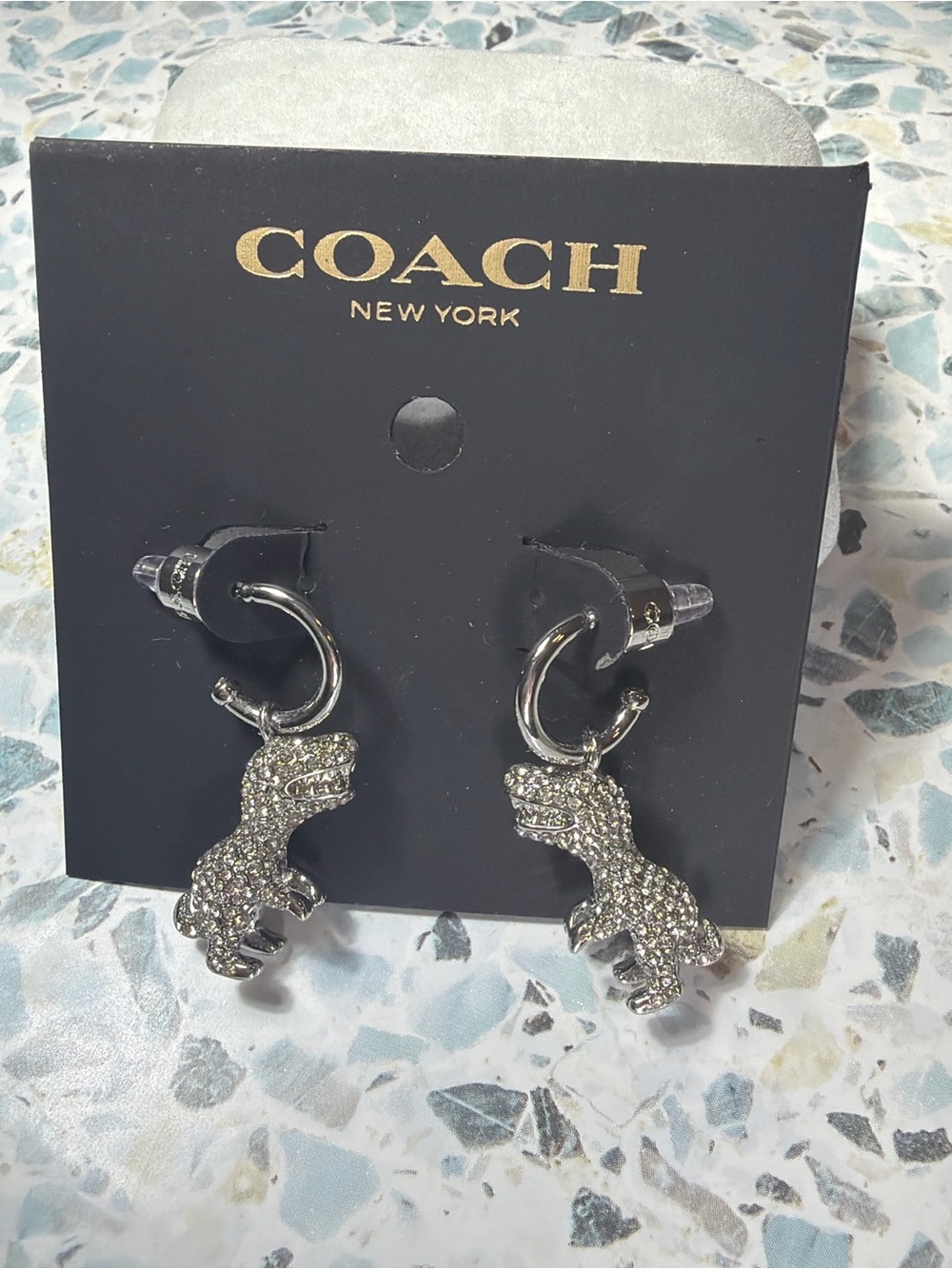 Coach Rexy Dinosaur Crystal Pave Dangle Hoop Earrings Silver Tone #45 - Picture 2 of 4